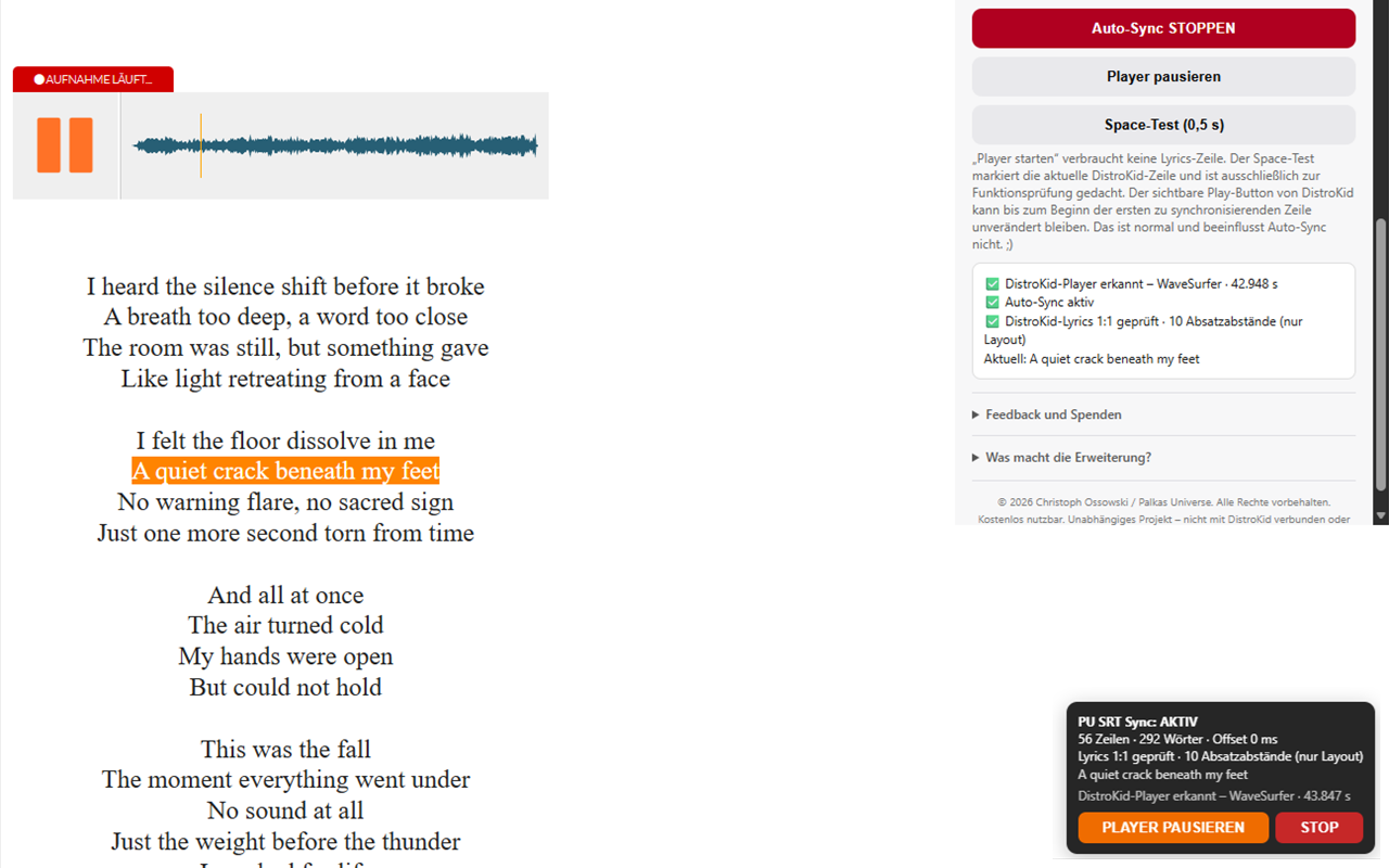 Palkas Universe SRT Sync im DistroKid Synced Lyrics Editor